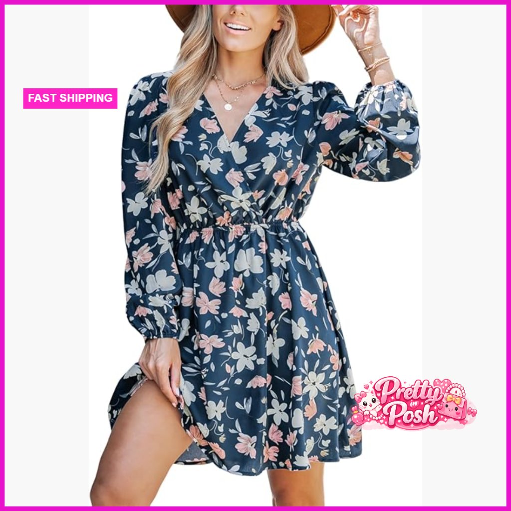 Floral Ruffle Surplice V Neck Long Peasant Sleeve Elastic Waist Mini Dress